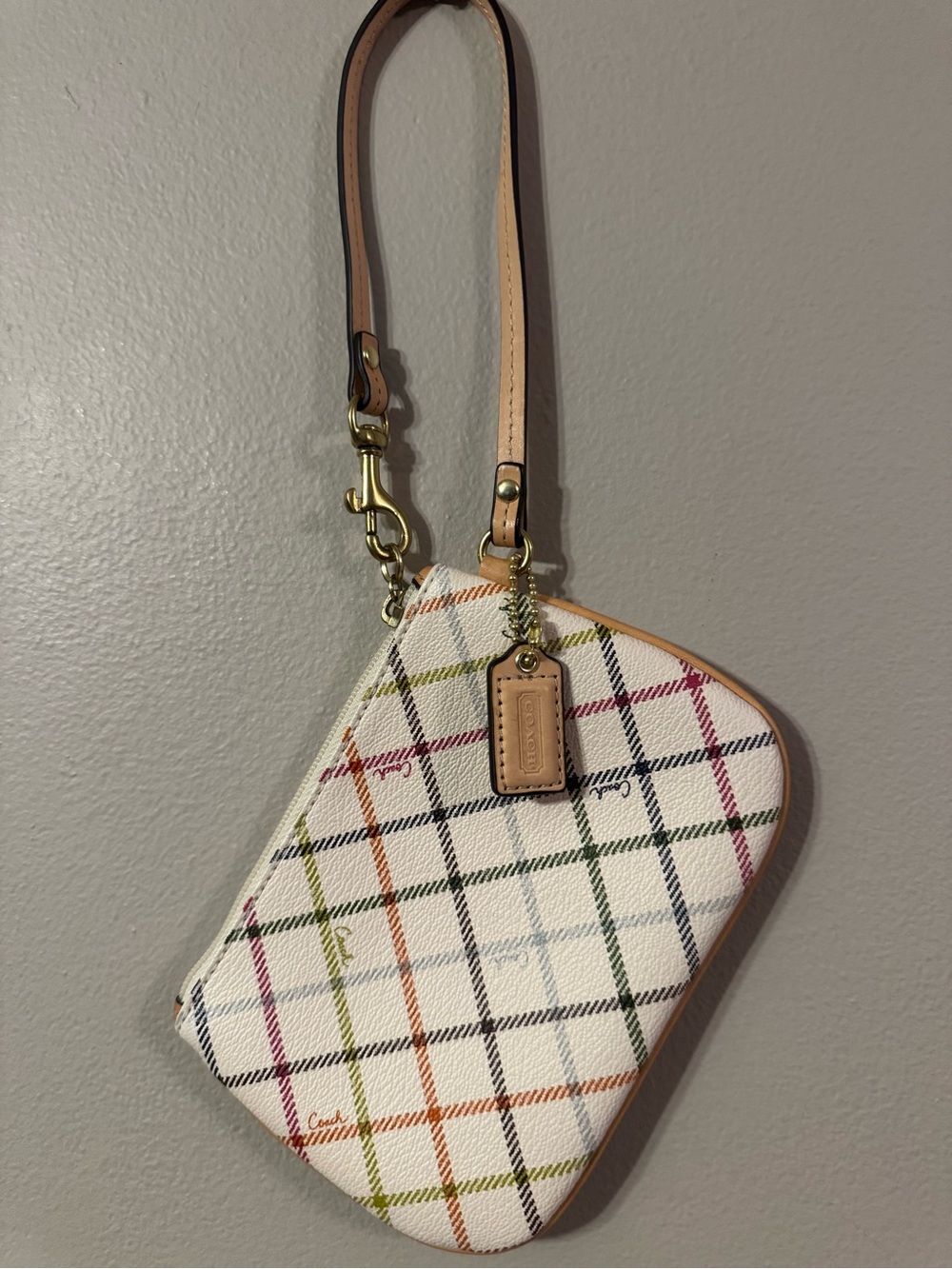 Coach White Plaid Leather-Trim Wristlet with Multi-Color Accents